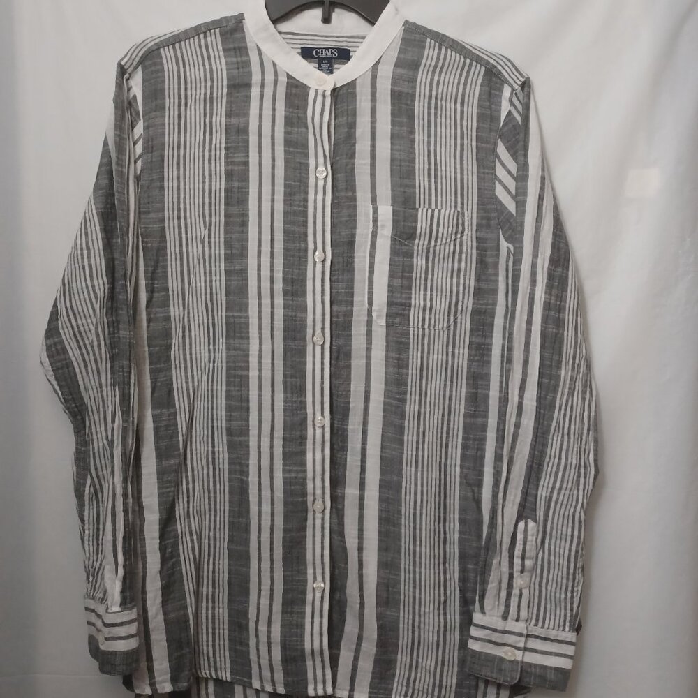 CHAPS WOMEN'S 100% COTTON SHEER STRIPED ROUND NECK BUTTON UP SHIRT GRAY WHITE